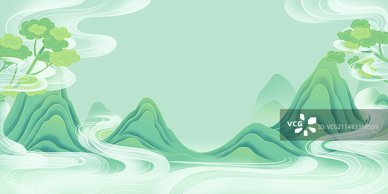 春天青山青绿春山云雾树枝国风插画图片素材