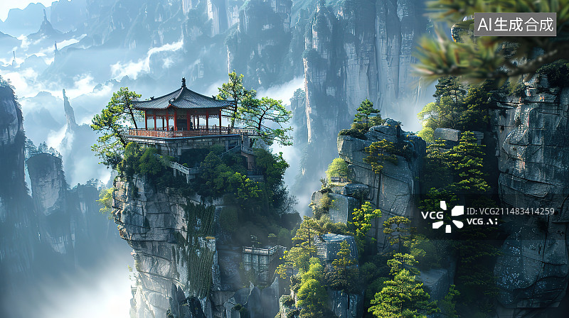 【AI数字艺术】云雾中的寺庙图片素材