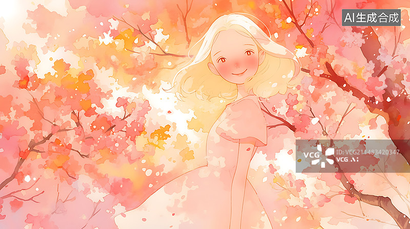 【AI数字艺术】春天樱花树下微笑的可爱女孩水彩唯美插画图片素材