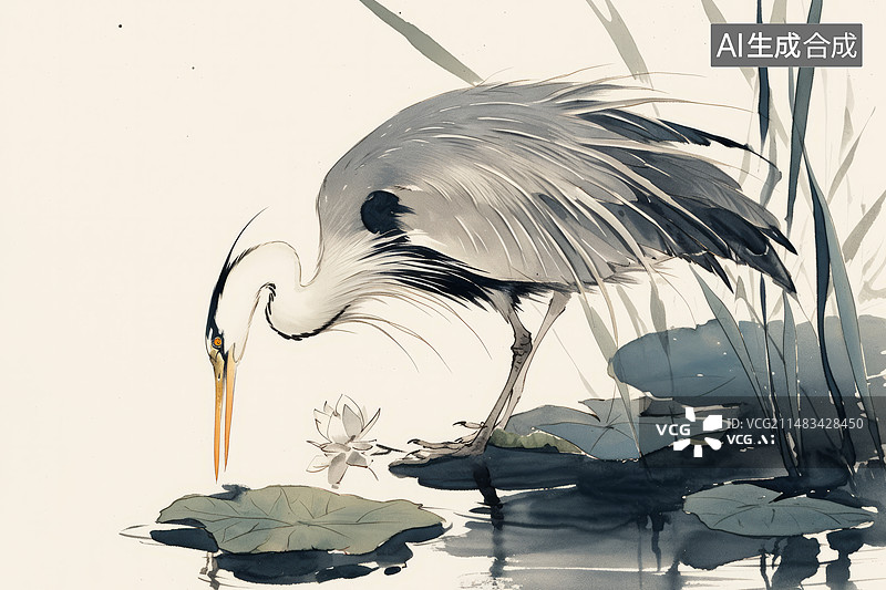 【AI数字艺术】水墨画鹭科鸟类图片素材