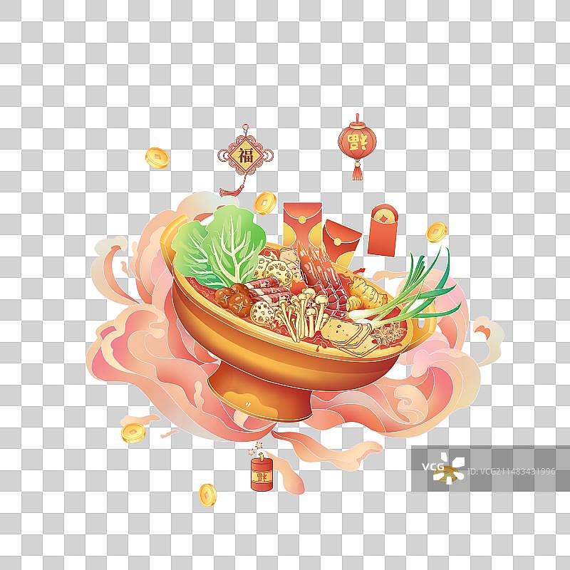 国风插画中国传统节日春节节日吃火锅插画图片素材