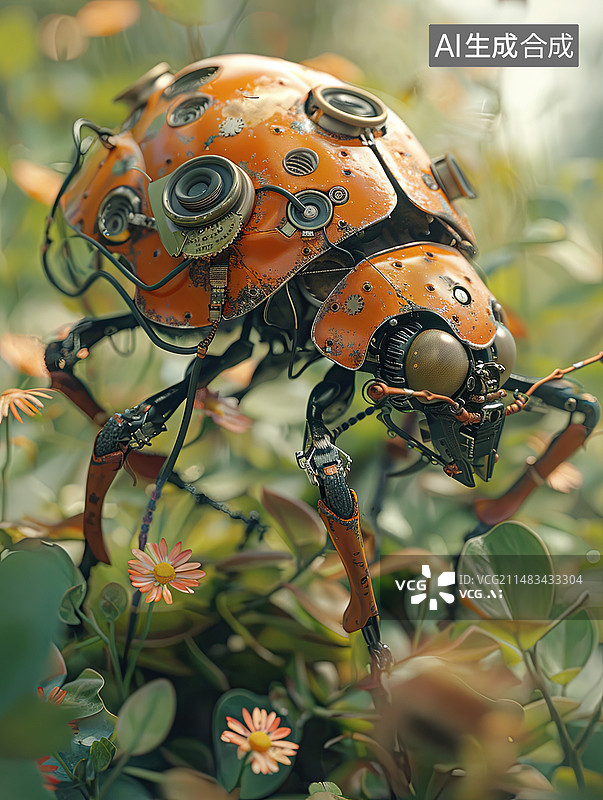 【AI数字艺术】夏天丛林里的机械甲壳虫特写微距摄影图片素材