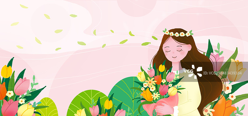 在花丛中抱花的少女扁平风插画图片素材
