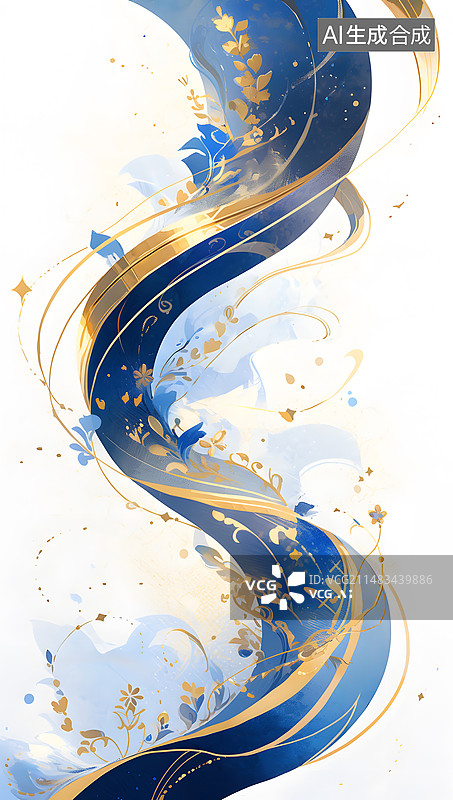 【AI数字艺术】蓝色和金色的旋涡花纹装饰插画背景图片素材