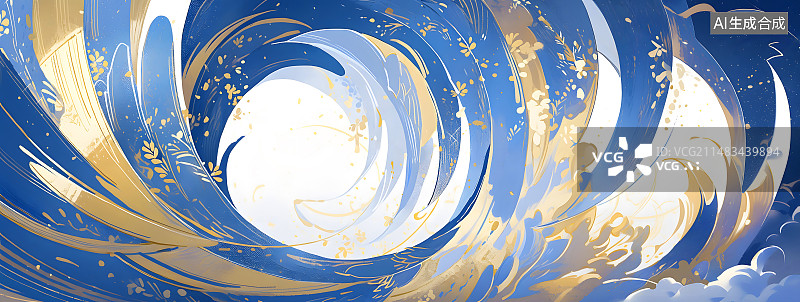 【AI数字艺术】蓝色和金色的旋涡花纹装饰插画背景图片素材