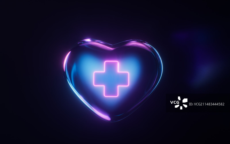 医疗爱心与霓虹灯光效果3D渲染图片素材