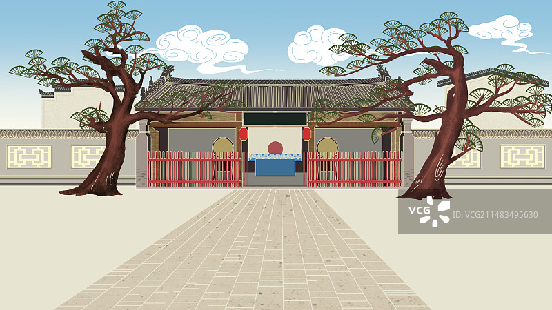 古代房屋房子古宅室内县衙大门古风扁平风环境场景风景科普插画图片素材