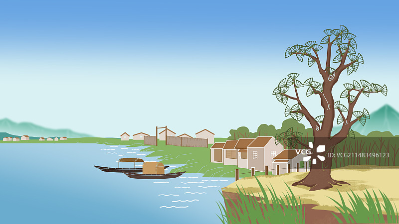 地理环境风景南方江南水乡江河湖泊村庄村落大树松树小时候童年回忆家乡插画图片素材