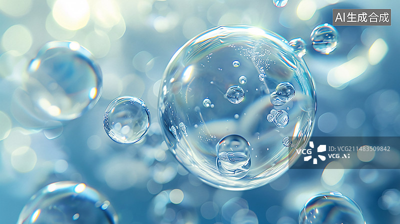 【AI数字艺术】水滴水分子和气泡在蓝白色背景中图片素材