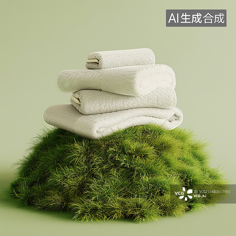 【AI数字艺术】绿色背景下的石头和毛巾特写镜头图片素材