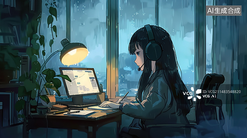 【AI数字艺术】在办公室工作到很晚的女商人图片素材