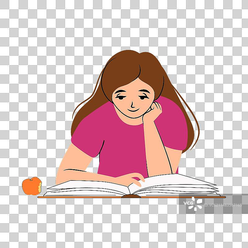 快乐的内向女孩在读一本大书图片素材