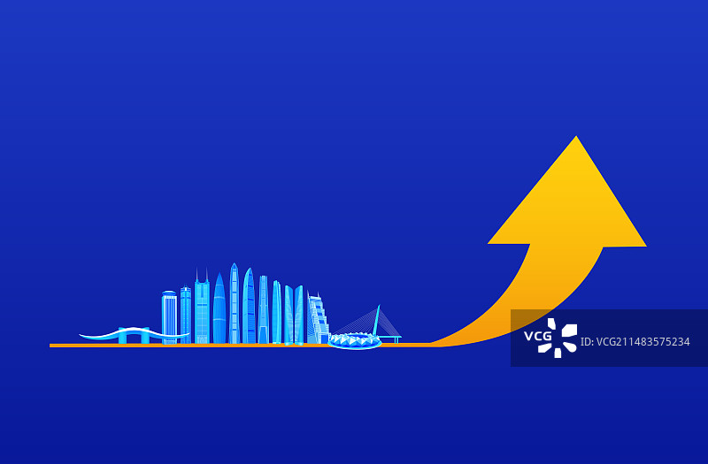 深圳城市经济增长矢量插画，深圳科技城市GDP，高端理财股市箭头涨幅上涨互联网金融证券活动图片素材
