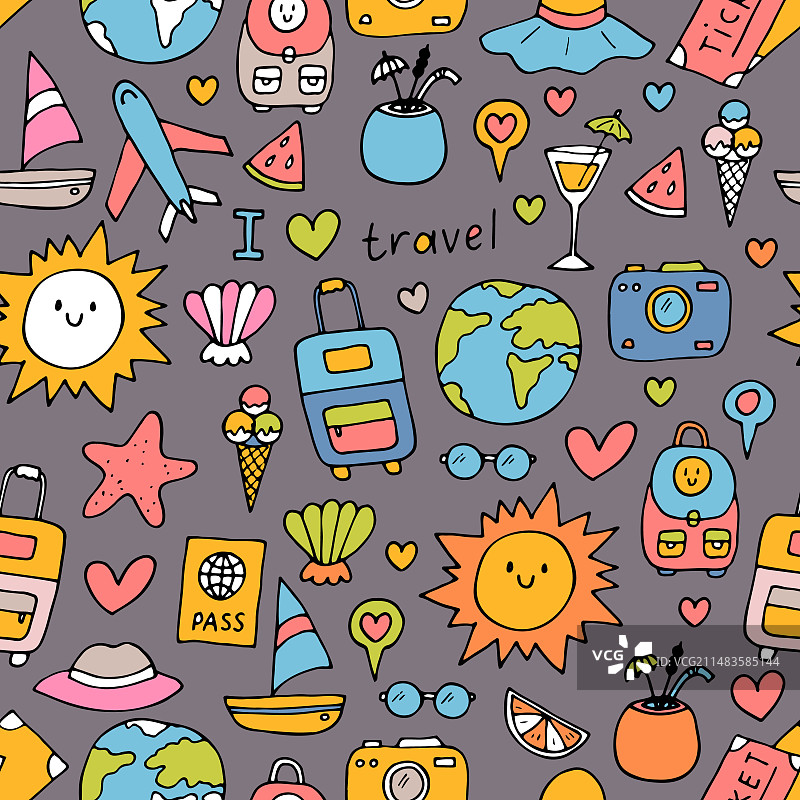 旅行图标手绘无缝图案图片素材