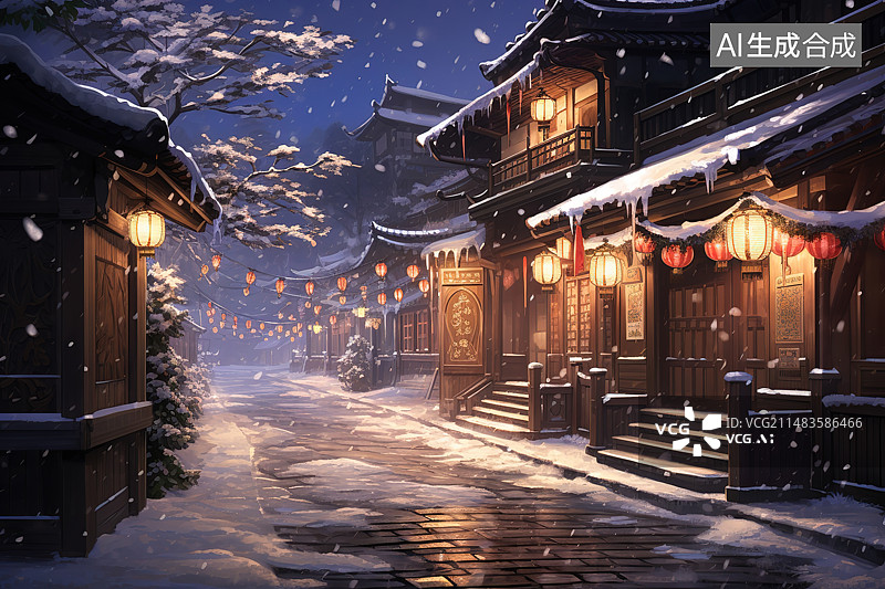 【AI数字艺术】老街中式古典建筑民居夜景图片素材