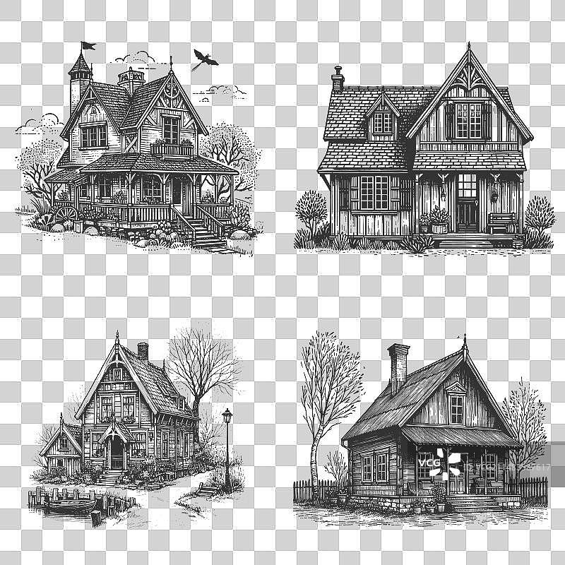 复古老房子手绘套装图片素材