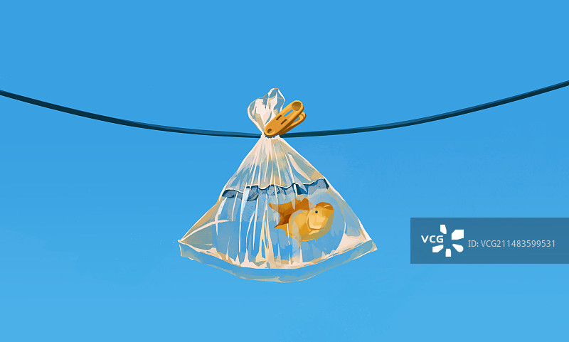 蓝天下塑料袋里的一条鱼插画图片素材