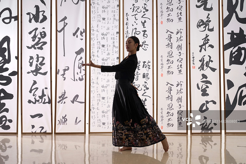 一位身穿民族服饰美女在书法前跳舞图片素材