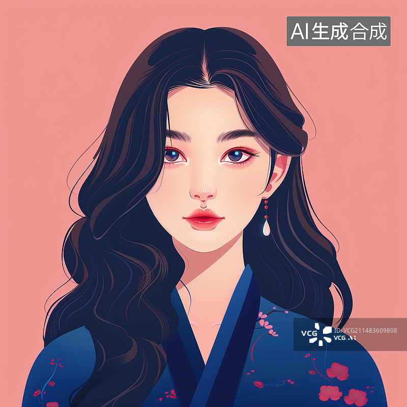 【AI数字艺术】扁平插画，长发东方美人，穿丝质长裙，面容精致，背景粉蓝简约风图片素材
