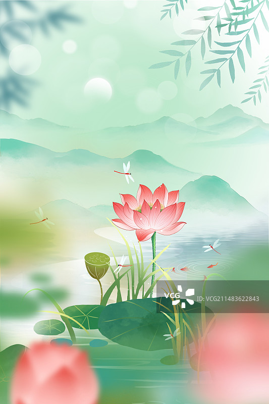 中国风二十四节气系列插画-秋天 秋日户外风景 运动模糊背景 荷塘风景山水画 竖版图片素材