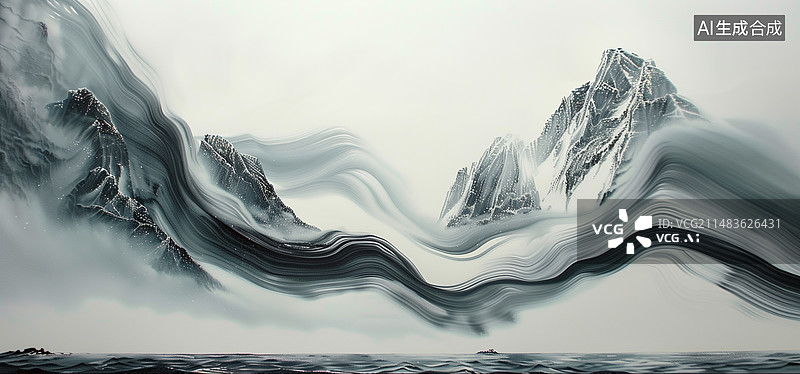 【AI数字艺术】插图，插画，模板，海报，元素，中国画，中国传统，黑白，写意，山水，风景，抽象，意境，自然美，国风，美图片素材