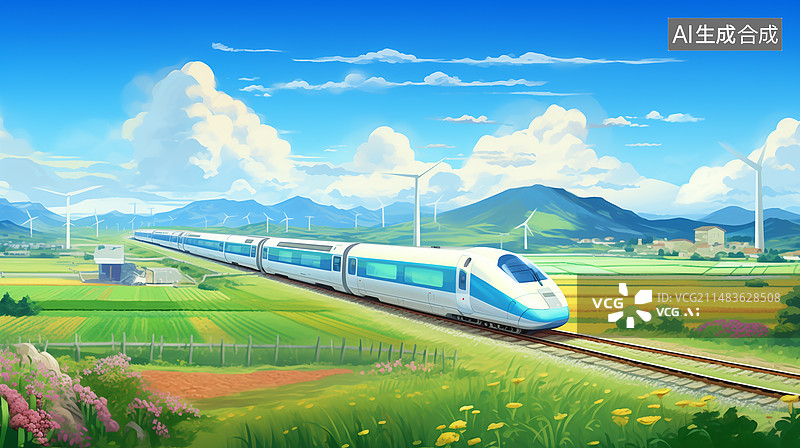 【AI数字艺术】3D卡通插画乡村振兴高铁农田图片素材