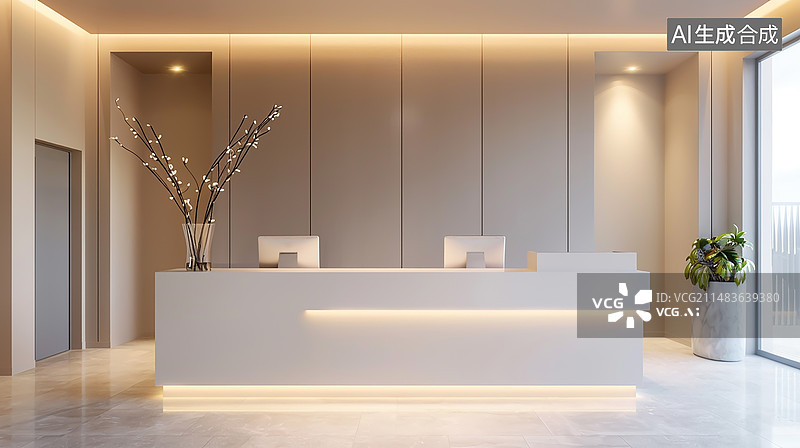 【AI数字艺术】现代建筑室内空间，办公室酒店前台图片素材