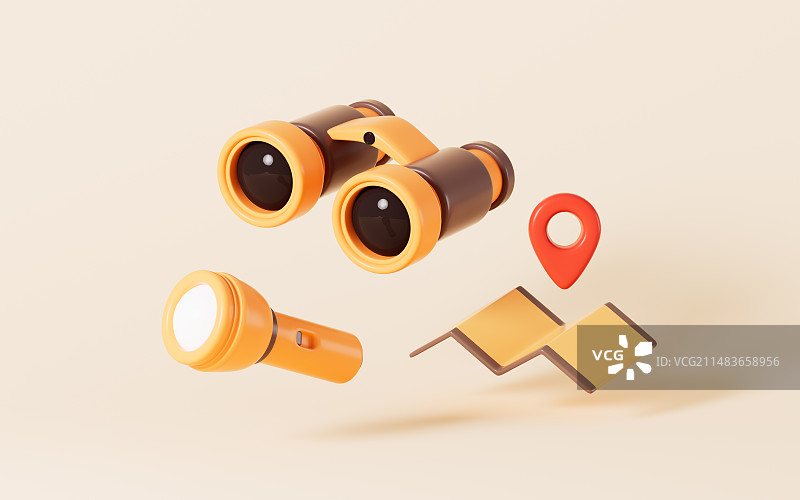 卡通望远镜和地图3D渲染图片素材