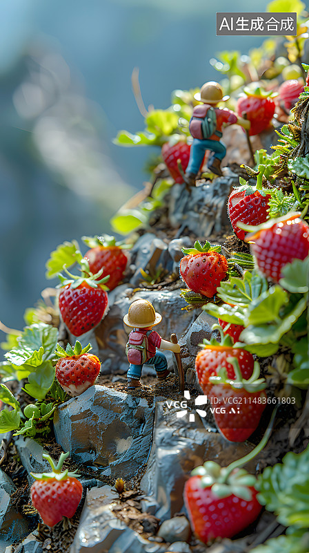 【AI数字艺术】两个小人在长满草莓的山上攀登微缩场景图片素材