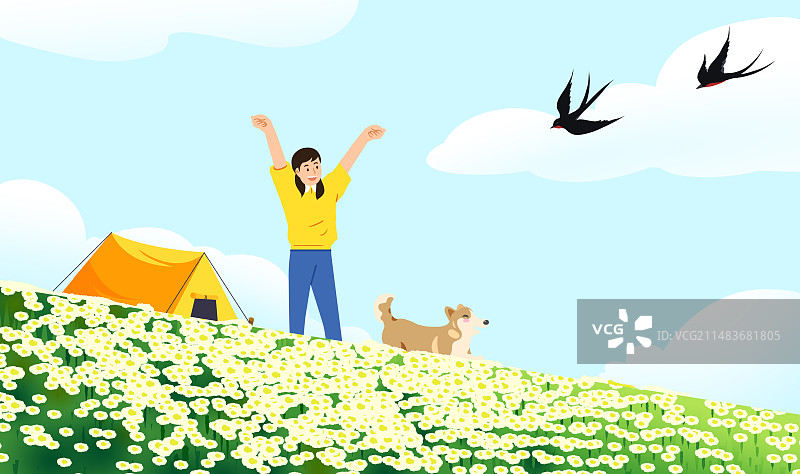 春天春季温暖阳光户外踏青旅游旅行公园花园露营帐篷燕子小狗柯基放松轻松周末度假假期假日女孩青春活力插画图片素材