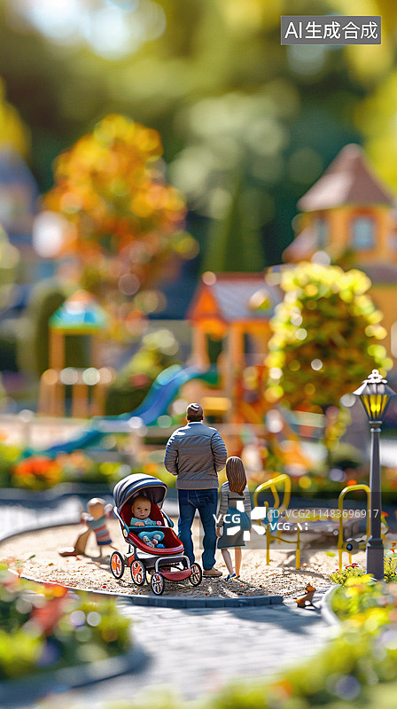 【AI数字艺术】小区爸爸妈妈推着婴儿车散步图片素材