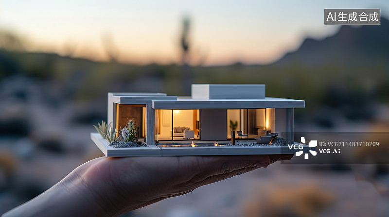 【AI数字艺术】不规则的手拿着模型飞机在夕阳下图片素材