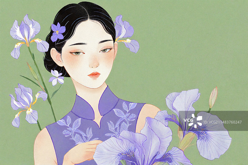 国风国潮女人旗袍美女鲜花古装质感插画背景干净图片素材