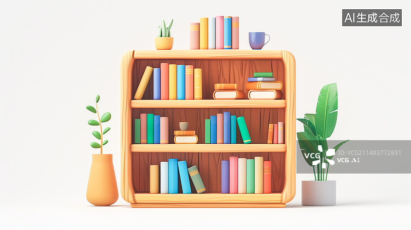 【AI数字艺术】3D渲染的可爱卡通书架图片素材