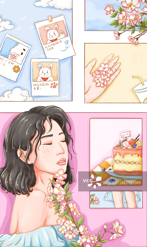 春日春季樱花清新水彩自然游玩漫画分镜图片素材