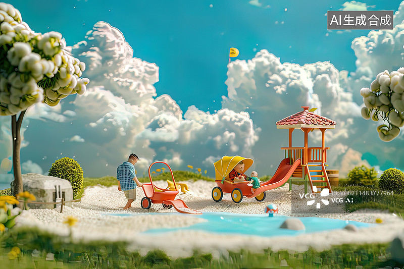 【AI数字艺术】爸爸推着婴儿车带着孩子图片素材