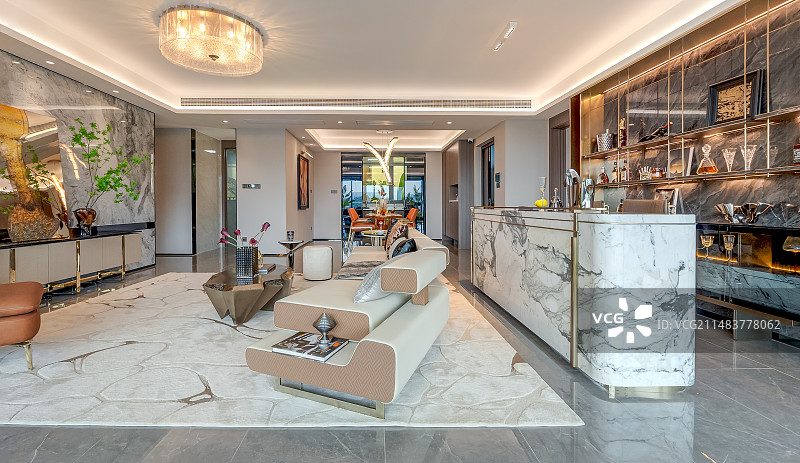 现代家装LDKB一体化餐客厅样板间图片素材