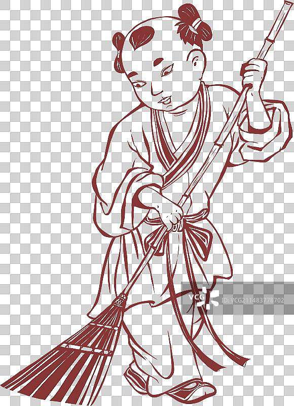 打扫卫生的古代民俗儿童人物剪纸元素图片素材