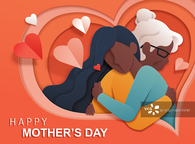 剪纸风女儿与母亲拥抱母亲节卡片图片素材