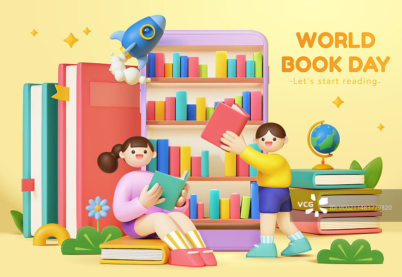三维童趣爱阅读的小孩世界图书日海报图片素材