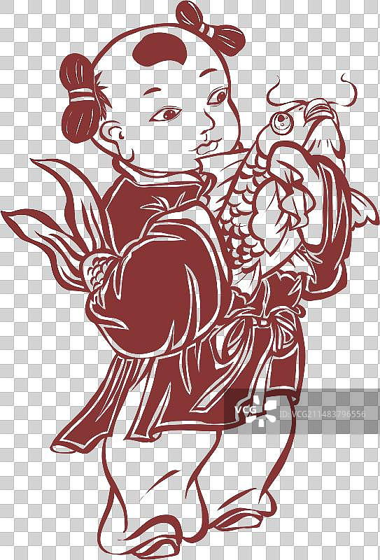 剪纸风格怀抱锦鲤的古代儿童年画元素图片素材