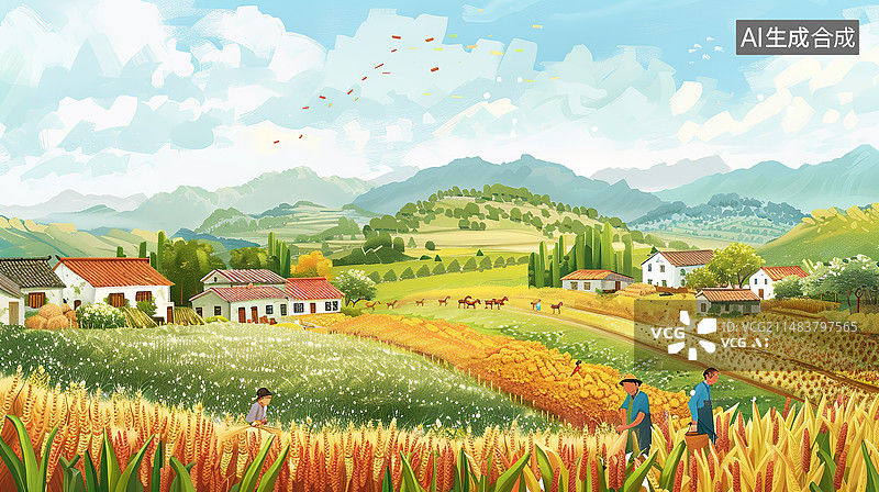 【AI数字艺术】秋季丰收的季节农民在麦地收麦子场景图片素材