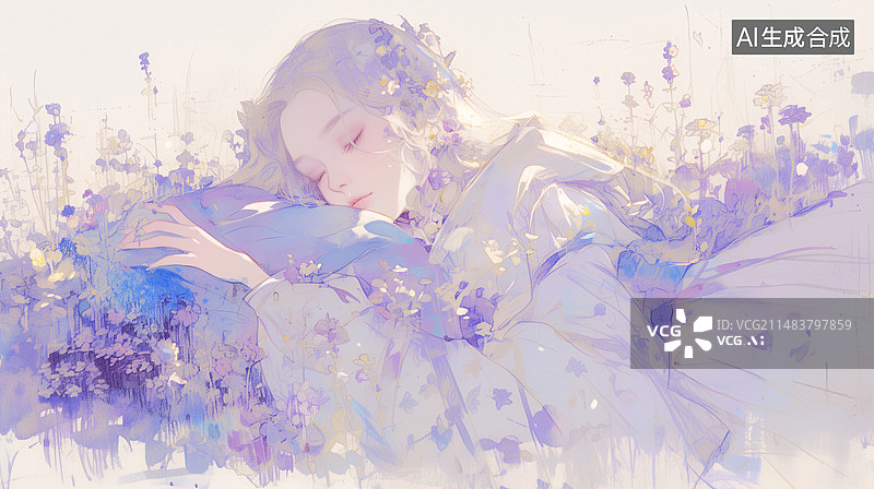【AI数字艺术】一位穿着长裙少女趴在薰衣草花丛中水彩插画图片素材