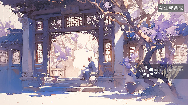 【AI数字艺术】一位白发老人坐在古建筑门口树木水缸紫色玄幻水彩插画图片素材