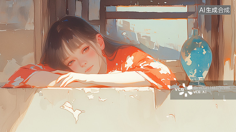 【AI数字艺术】一位黑色长发少女穿着红色汉服趴在栏杆上休息插画图片素材