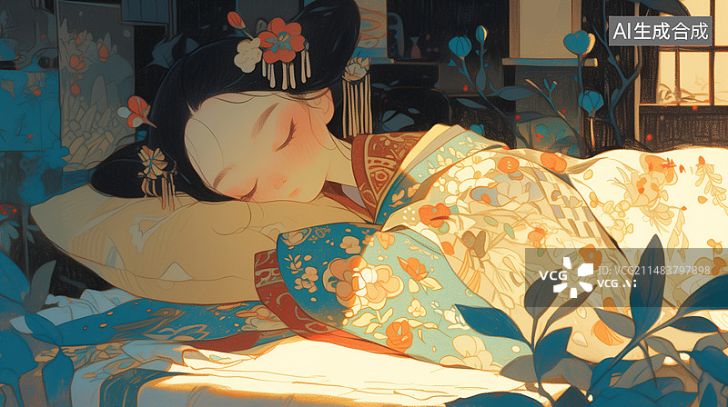 【AI数字艺术】一位女性穿着汉服戴着头饰趴着睡觉东方美人插画图片素材