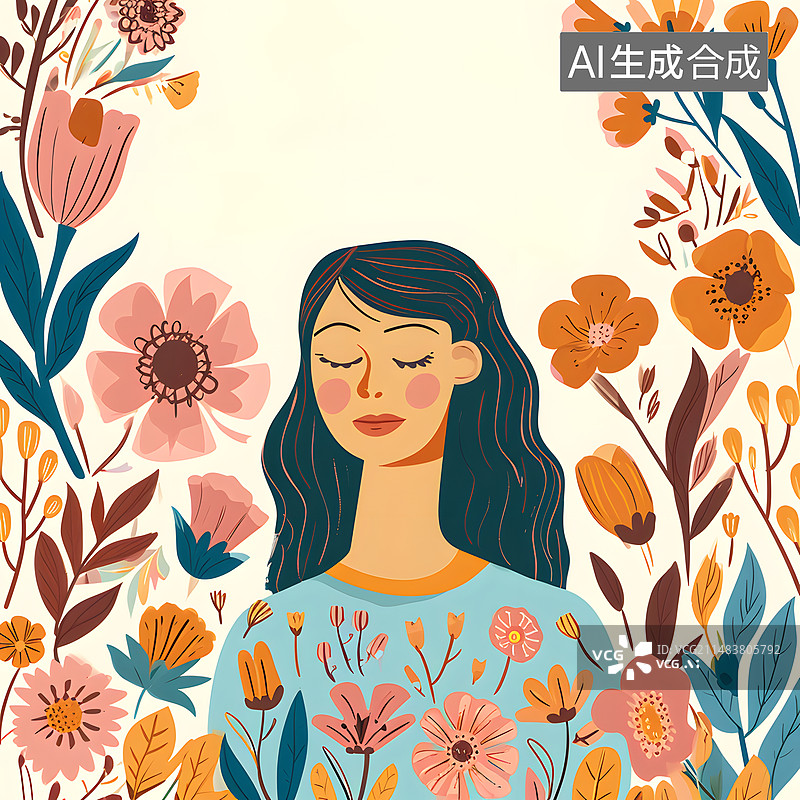 【AI数字艺术】女生节女神节妇女节插画，一个漂亮的女人在花丛中图片素材