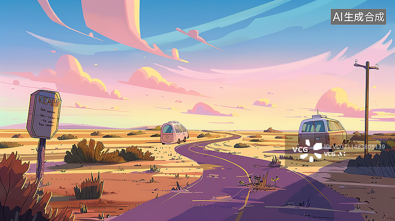 【AI数字艺术】公路旅行插画，户外自驾游回家场景插图图片素材