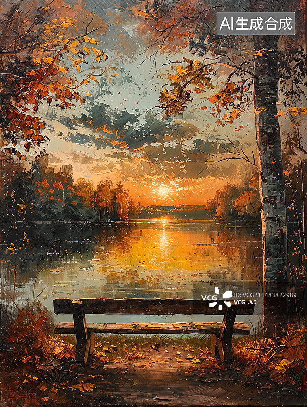 【AI数字艺术】油画风景插画湖畔落日图片素材