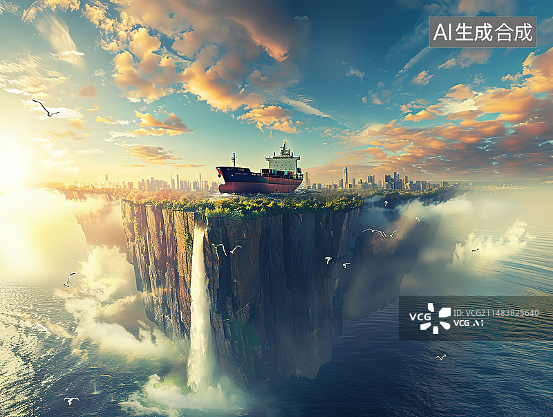 【AI数字艺术】鸟瞰城市全景日落时的城市天际线与图片素材